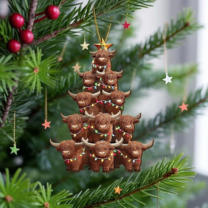 Highland Cow Christmas Tree Wooden Ornament – Cute Farm Animal Holiday Decor for Tree, Gifts for Cow Lovers, Rustic Wooden Christmas Decoration