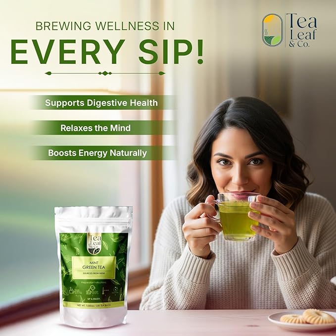 Tealeaf & Co. Mint Green Tea Bags Blended with Fresh Herbs - Spearmint & Peppermint Tea - Contains Low Caffeine - Gluten Free - 100 Teabags (7.055oz/200gm)