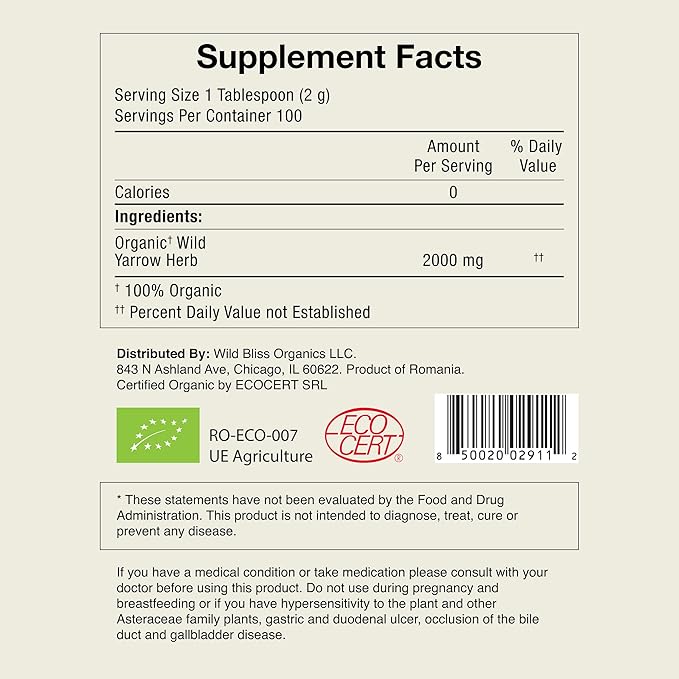 Wild Bliss Organic Yarrow Flower Tea - Caffeine Free Loose Leaf Herbal Tea - Pharmacopoeia Potency - 7 Ounces - 100 Servings