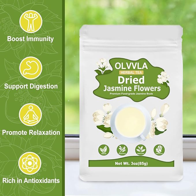Olvvla - Dried Jasmine Flowers - 3oz/85g - 100% Natural Jasmine Tea Edible Flowers - Pure Jasmine Buds Loose Leaf Herbs - Non-GMO - Natural Fragrance