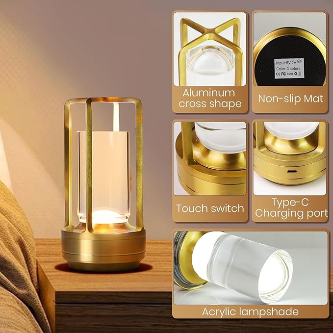 Crystal Lantern Light, Czgor Battery Operated Rechargeable Cordless Crystal Table Lantern Lamp with 3-Color, Portable Small LED Desk Lamp for Indoor/Outdoor Patio Camping Bedroom Bar Restaurant(Gold)