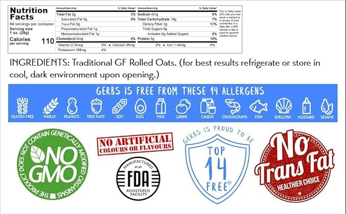 Gerbs Gluten-Free Traditional Rolled Oats 4 lbs. | Carefully Sourced, Premium Grade, Resealable Bag | Hearty Texture, Ideal for Baking & Breakfast | Top 14 Allergen-Free