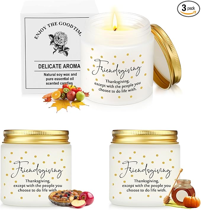 3 Pcs Thanksgiving Gifts Fall Scented Candles Set 3.5 Oz Soy Wax Pumpkin Scented Glass Jar Candle Friendsgiving Gift for Friends Coworker Women Men Autumn Birthday (Classic)