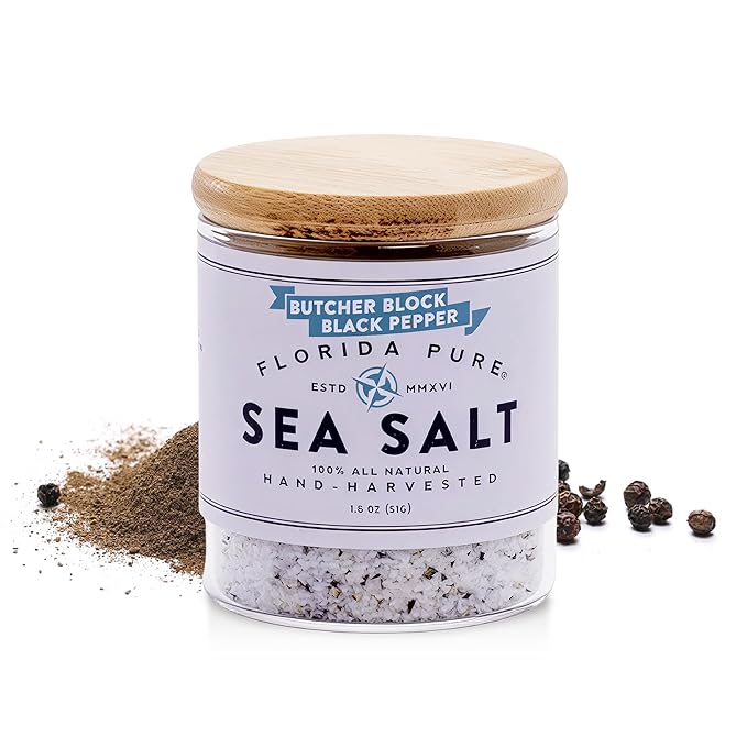 FLORIDA PURE Black Pepper Sea Salt - 80+ Mineral Sea Salt, Natural, Unrefined, Non Iodized - for Baking, Cooking, Seasoning & Enhancing Taste - Rich Taste Flaky Sea Salt (4.5 oz Jar)