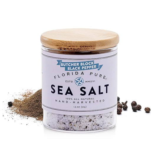 FLORIDA PURE Black Pepper Sea Salt - 80+ Mineral Sea Salt, Natural, Unrefined, Non Iodized - for Baking, Cooking, Seasoning & Enhancing Taste - Rich Taste Flaky Sea Salt (4.5 oz Jar)
