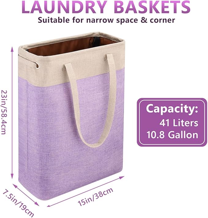 i BKGOO Laundry Basket with Handles Beige&Purple Slim Laundry Bin Collapsible Dirty Clothes Basket Narrow Laundry Bag Foldable Dirty Hamper for Camping, Dorms, Apartments
