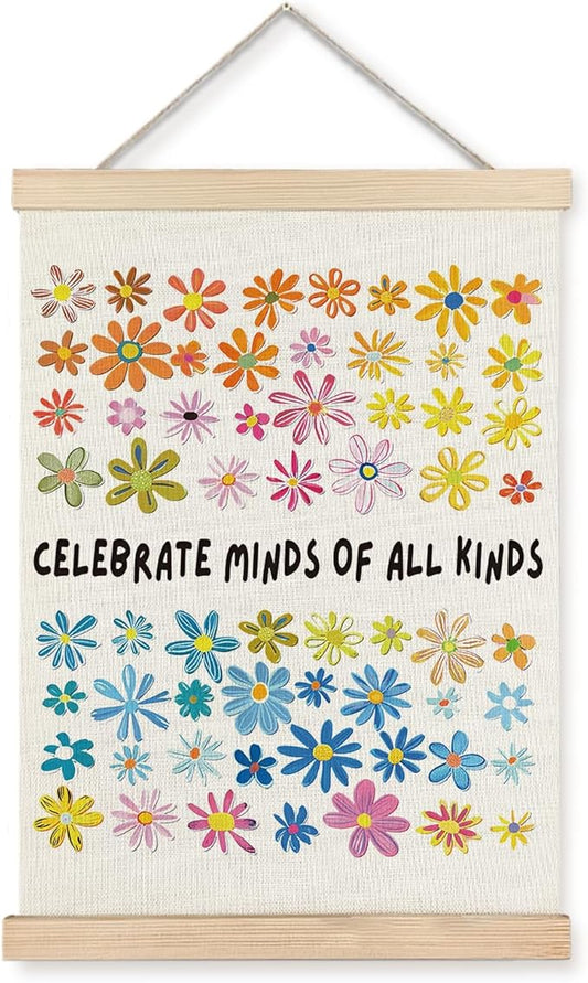 Exqcom Mental Health Wall Decor, Floral Autism Awareness Wall Art Poster, Celebrate Minds of All Kinds Posters for Therapy Counselor Office Classroom, 12x16 Inches