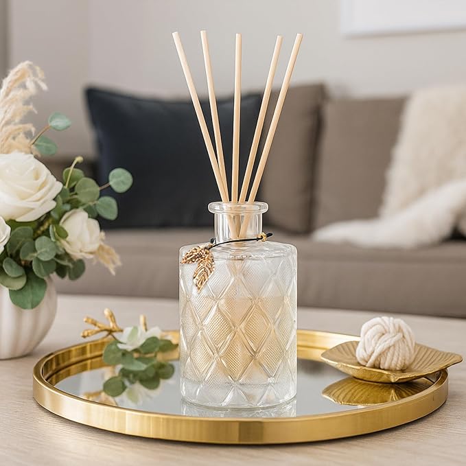 Glass Reed Diffusers Bottles for Home, Diffuser Bottles with 40PCS Reed Diffuser Sticks, Vintage Embossed Apothecary Style Flower Bud Vases with Cork Lids, Set of 6（Small Leaves ）