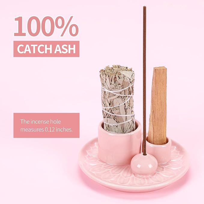 Palo Santo Sticks Holder, Multi-Purpose Handmade Ceramic Incense Burner for Palo Santo Incense Sticks, Sage Holder for Burning, Ash Catcher Tray for Meditation Yoga Room (Pink)