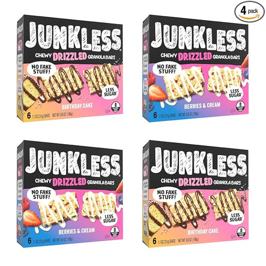 JUNKLESS Chewy Granola Bar 2‑Flavor Variety Pack (24 Bars)–Non‑GMO, Gluten‑Free, Less Sugar Snack Bars— Drizzled Birthday Cake & Berries & Cream, 4 Boxes
