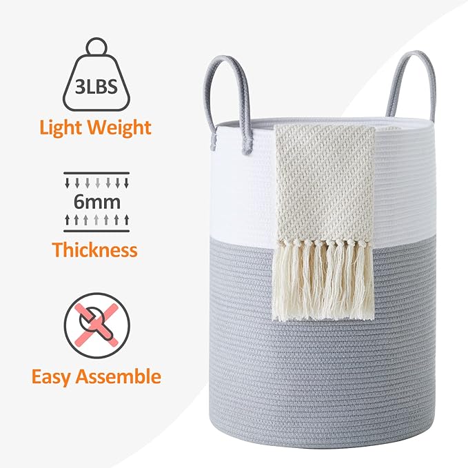 Cotton Rope Laundry Hamper by YOUDENOVA, 72L - Woven Collapsible Laundry Basket - Clothes Storage Basket for Blankets, Laundry Room Organizing, Bedroom Storage, Clothes Hamper – Grey