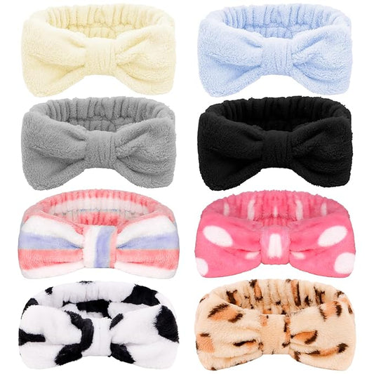 Ondder 8 Pack Spa Headbands for Face Washing - Fluffy Shower Cosmetic Face Wash Head Bands for Women & Girls - Leopard & Polka Dot Solid Color