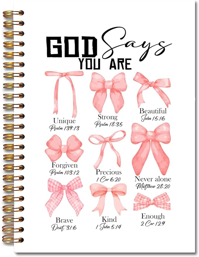 God Says You Are Christian Spiral Notebooks, Coquette Pink Bow Bible Journal, Scripture Journals for Writing, Girly Office Supplies, Religious Notebook for Note Taking, 5.5x8.3 Inch