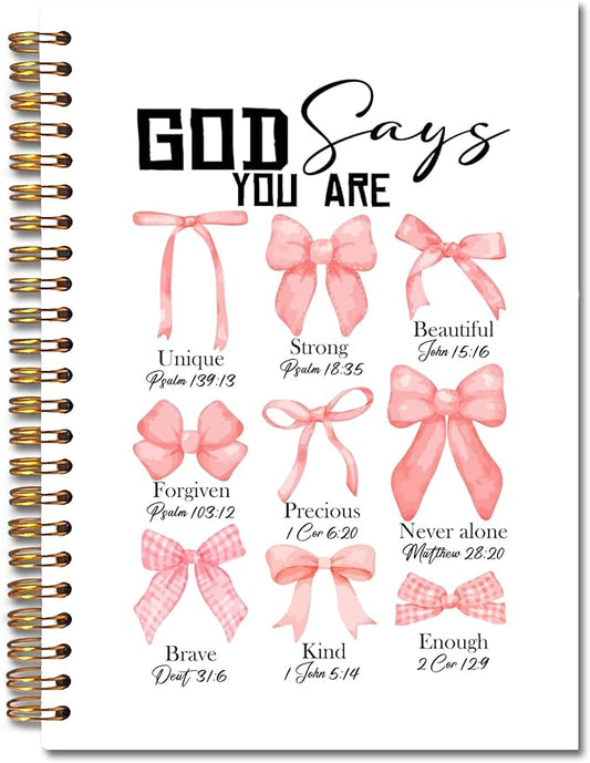God Says You Are Christian Spiral Notebooks, Coquette Pink Bow Bible Journal, Scripture Journals for Writing, Girly Office Supplies, Religious Notebook for Note Taking, 5.5x8.3 Inch
