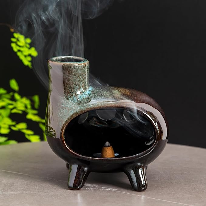 Handcrafted Ceramic Palo Santo Holder Burner with Green Glaze - Modern Footed Pottery Incense Chimney Dish - Great for Meditation - Wood Sticks, Sage, Ash Catcher Bowl, Cone Compatible.