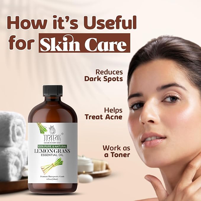 Lemongrass Essential Oil - 4 Fl Oz – 100% Natural Lemongrass Oil - for Diffuser, Face, Skin Care, Aromatherapy, Hair Care, Scalp and Body Massage - with Glass Dropper