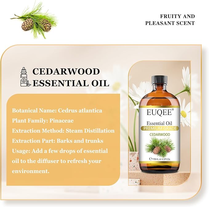 EUQEE Cedarwood Essential Oil 118mL Pure Cedarwood Oil Premium Essential Oil for Diffuser, Humidifier - with Glass Dropper (4fl.oz)