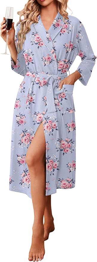 Ekouaer Robes for Women Long Waffle Knit Bathrobe Lightweight Kimono Robe Soft Shawl Collar Spa Robes with Pockets S-XXL