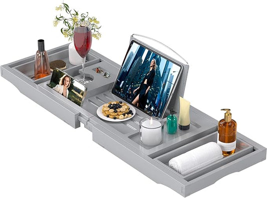 Bathtub Caddy Tray for Tub,Foldable Bath Table Trays,Bamboo Shelf with Book and Wine Glass Holder,Bathroom Accessories Suitable for Luxury Spa or Reading,Gray