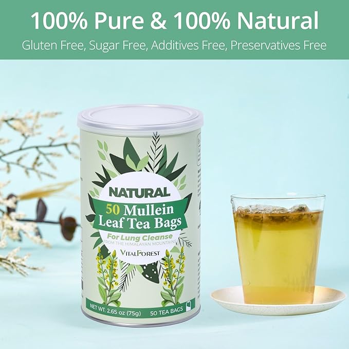 50 Mullein Tea Bags for Lungs, VitalForest 100% Pure Mullein Leave Tea, Lung Detox Cleanse Mullen Tea for Smokers Breathe Deep and Respiratory Support, Caffeine Free Mullin