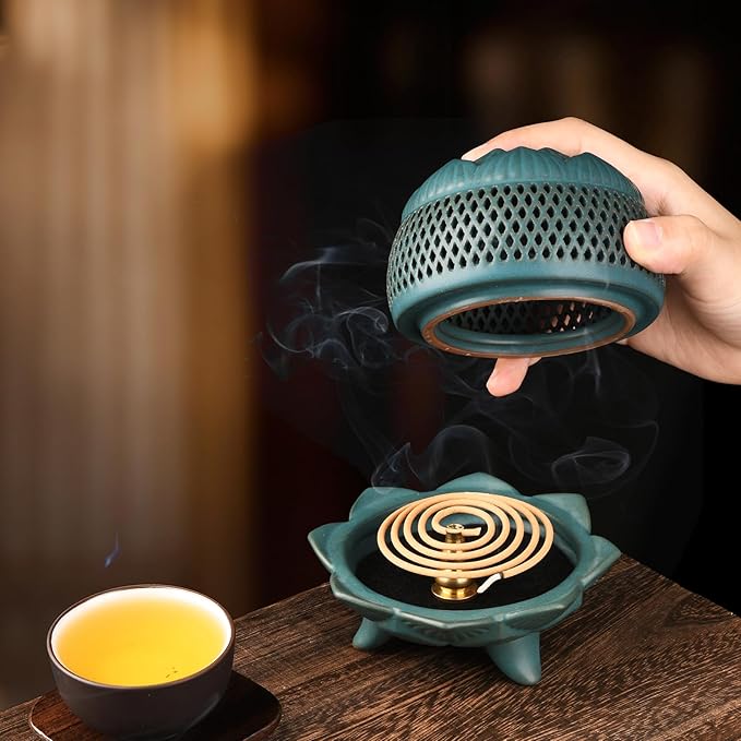 Ceramic Lotus Incense Burner with Incense Stick Holder,Handmade Smudging Burn Bowl Use for Stick/Coil Incense,Sage and Mosquito Incensel (Lotus 01)