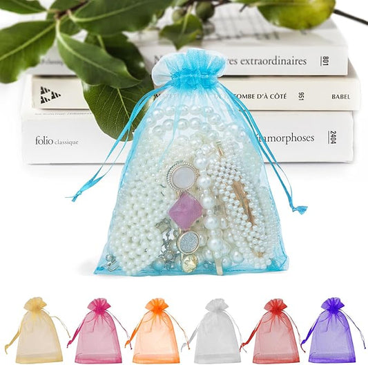 ANZNKU 100 Pack Organza Bags 5x7 Inch, Mesh Bag Drawstring Mesh Gift Bags Packaging Bag for Baby Shower, Party Favors(Lake Blue)