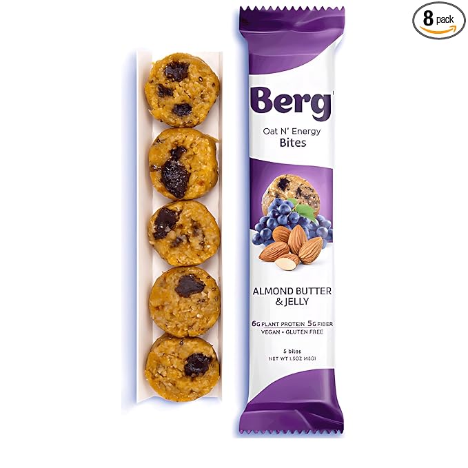 Berg Bites - Oat N' Energy Bites - Almond Butter & Jelly - Non-GMO, Gluten Free, Dairy Free, Soy Free and Vegan - Clean Energy Healthy Snack Bar - 1.5oz (8 Pack)