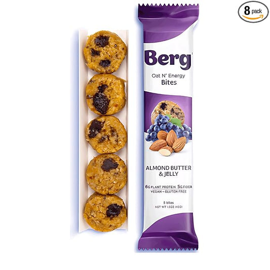Berg Bites - Oat N' Energy Bites - Almond Butter & Jelly - Non-GMO, Gluten Free, Dairy Free, Soy Free and Vegan - Clean Energy Healthy Snack Bar - 1.5oz (8 Pack)