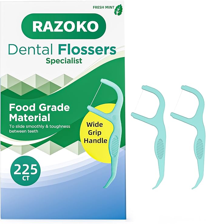 RAZOKO Dental Floss Picks | Toothpick, Shred-Resistant Floss, Easy Grip Handle, Fresh Mint Flavor, 75 Count (Pack of 3)
