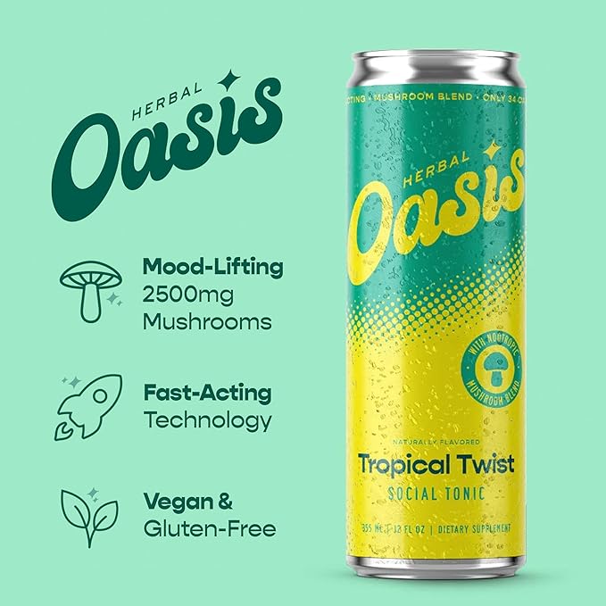 Herbal Oasis Tropical Twist 4-Pack - Mood-Boosting Mushroom Social Tonic, with Lion’s Mane, L-Theanine & Vitamin B12 - Low Calorie Vegan Drink, Non-Alcoholic for Mindfulness & Balance, 12 fl oz