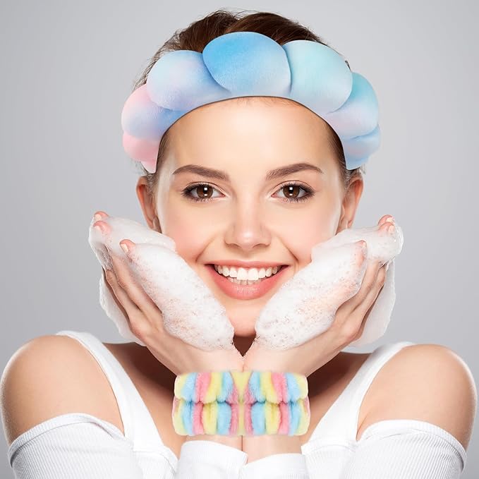 Zkptops Spa Headband for Washing Face Wristband Set Sponge Makeup Skincare Velvet Fabric Bubble Soft Get Ready Hairbands for Women Puffy Headwear Non Slip Thick Thin Hair Accessory (Pink Tie Dye)