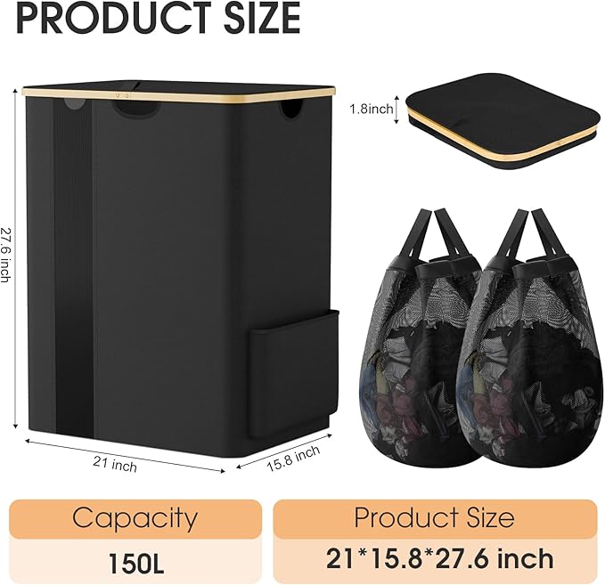 Laundry Basket Clothes Hamper with Lid and Side Pocket Large Collapsible Laundry Baskets with Handle, Freestanding Hampers for Bedroom Aesthetic, Dorm, Bathroom, Laundry Room (150L, Black)