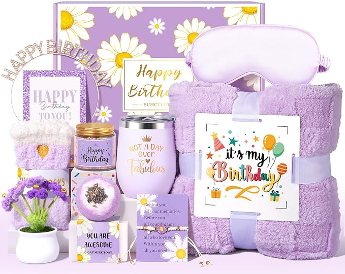 Birthday Gifts for Women, 12pcs Happy Birthday Gift Basket for Women Unique Gifts Set Ideas Relaxing Birthday Box w/ Blanket for Her Mom Best Friends Female Sister Her Friendship(Purple)