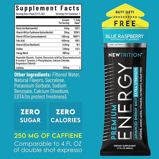 NewTrition® Extra Strength Energy Shots, 250mg Caffeine Energy Shots with Vitamin B & Amino Acids, Sugar-Free Vitamin Energy Shot, 1.7 fl oz (Pack of 24, Blue Raspberry)