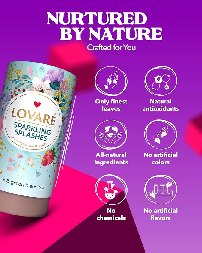 LOVARE Sparkling Splashes Loose Leaf Tea 80 g - Made in Ukraine - Black and Green Tea, Strawberry, Cornflower and Safflower Petals, Goji berries - Gift Box with 15 Paper Filters