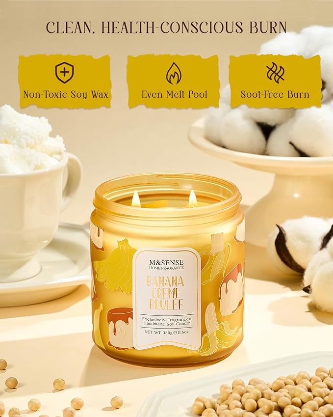 M&SENSE Banana Cream Pudding Scented Candle, 11.6oz Natural Soy Wax, 70 Hours Long Lasting Clean Burn, Holiday Jar Candle for Home Decor, Non-Toxic Relaxing Aromatherapy Gifts for Women