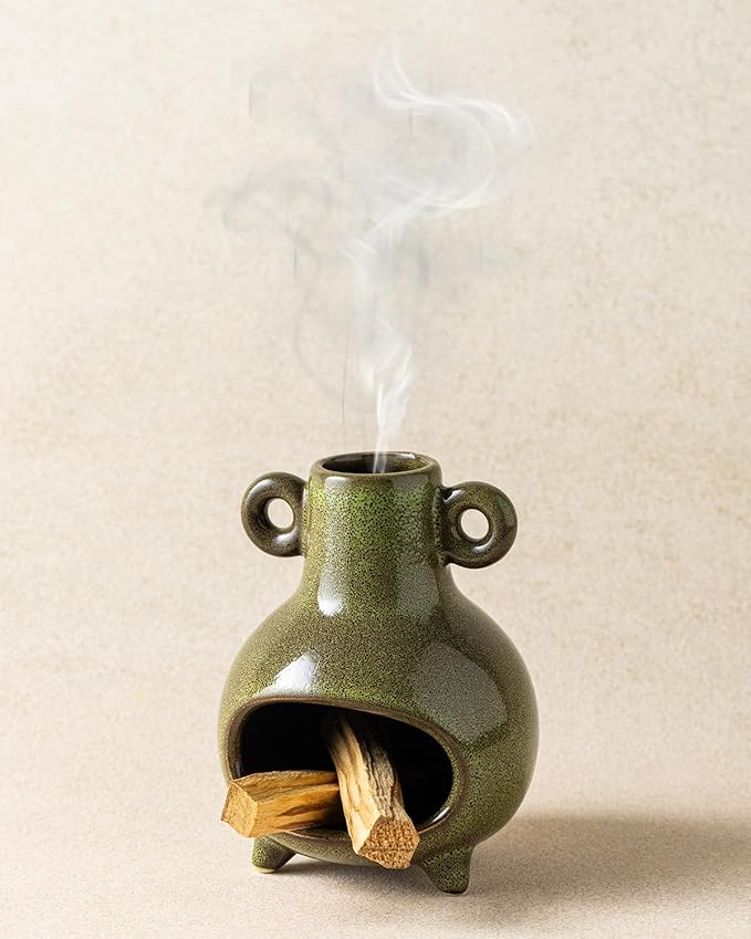 Ceramic Palo Santo Holder, Modern Incense Holder Burner for Sticks Sage Bundles Cone Incense, Chimenea Incense Dish for Meditation Decor, Green