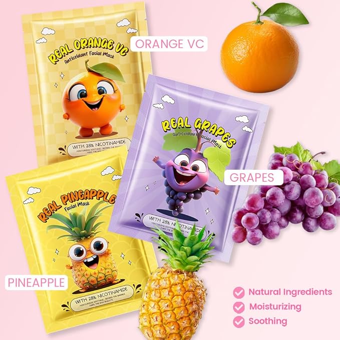 Kaely 6 Pack Fruit Face Masks for Kids, Kids Face Mask Spa Day Kit Supplies, Spa Party Favors for Teens Girls Women, Sheet Facial Mask Skincare Gifts Set, Moisturize Soothe for All Skin Types, 01