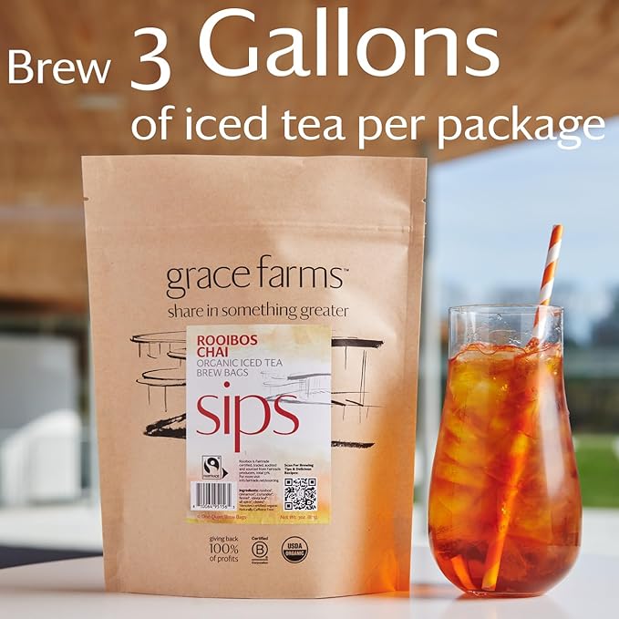 Grace Farms ROOIBOS CHAI ORGANIC ICED TEA (Twelve 1qt. Brew Bags, 3 Gallons) | Refreshing and Spiced, Naturally Sweet Sugar-Free | Easy Cold Brew