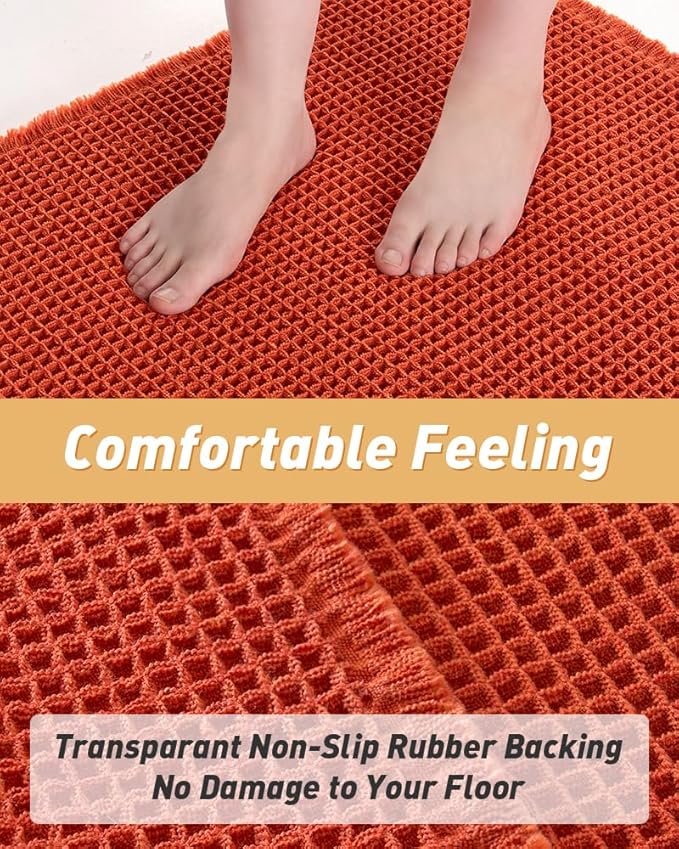 AMOAMI Upgraded Waffle Runner Rug Super Absorbent Non Slip Bath Mats for Bathroom Machine Washable Bathroom Runner Rug with Tassels, Ideal for Hallway Bedroom Laundry Room, 17" x 60", Orange