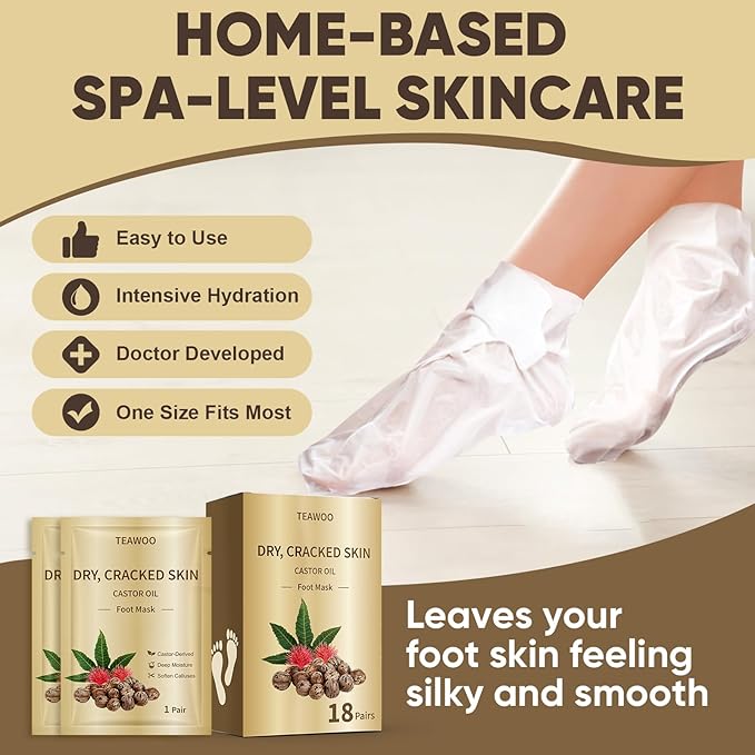 18 Pairs Moisturizing Foot Masks with Castor Oil & Jojoba Oil, Intensely Hydrating Foot Mask for Dry Cracked Feet, Moisturizing Socks for Cracked Heel Treatment