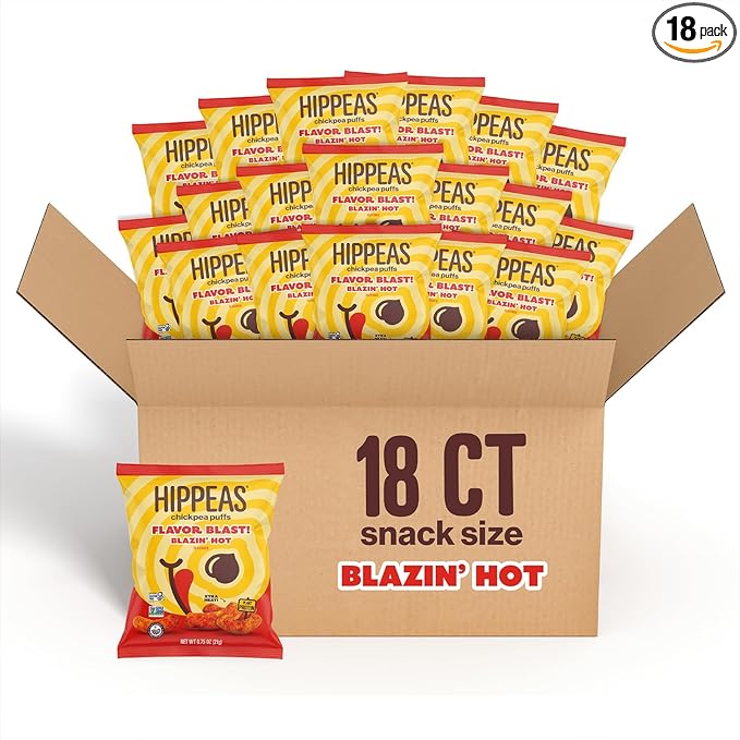 Hippeas Chickpea Puffs, Flavor Blast: Blazin' Hot, 0.75 Ounce (Pack of 18), 3g Protein, 2g Fiber, Vegan, Gluten-Free, Crunchy, Plant Protein Snacks