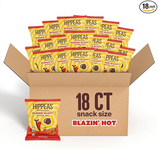 Hippeas Chickpea Puffs, Flavor Blast: Blazin' Hot, 0.75 Ounce (Pack of 18), 3g Protein, 2g Fiber, Vegan, Gluten-Free, Crunchy, Plant Protein Snacks