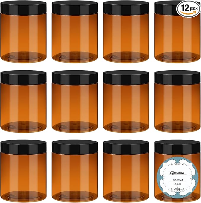 Qeirudu 8 oz Amber Plastic Jars with Lids and Labels, 12 Pack Empty Brown Body Butter Containers for Body Scrub, Cosmetic Beauty Products, Creams and Lotion