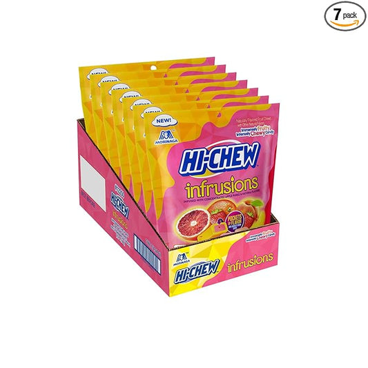 HI-CHEW Infrusions Blood Orange, Stawberry, Peach, 7 Mini Stand Up Pouches, 4.24oz each - Fun Soft & Chewy Candy - Immensely Juicy Fruity Flavors - Individually Wrapped Halloween Sharing Candy