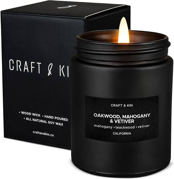 Craft & Kin Premium Oakwood, Mahogany & Vetiver Candle | Black Fall Scented Candles for Men | Long Lasting with 45 Hour Burn Time, 7.6oz | Made with Fall Soy Candles | Aromatherapy at Home