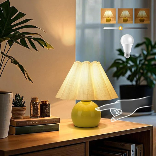 Green Small Touch Control Table Lamp for Bedroom, Green Bedside Lamps for Nightstand, Cute Mini Small Table Lamps for Small Spaces with Scalloped Shade for Kitchen Counter, Bookshelf, Living Room