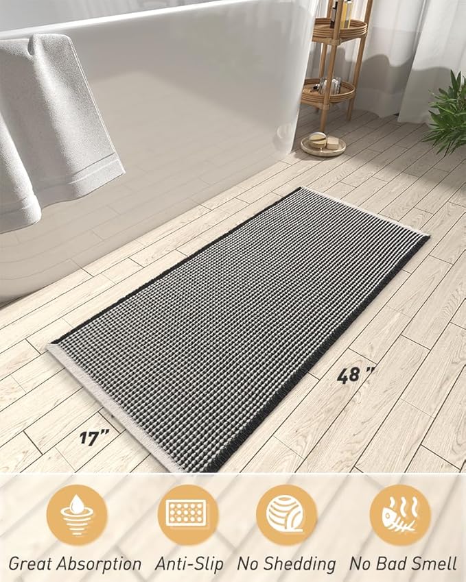 AMOAMI Upgraded Waffle Runner Rug Super Absorbent Non Slip Bath Mats for Bathroom Machine Washable Bathroom Runner Rug with Tassels, Ideal for Hallway Bedroom Laundry Room, 17" x 48", Black & Cream