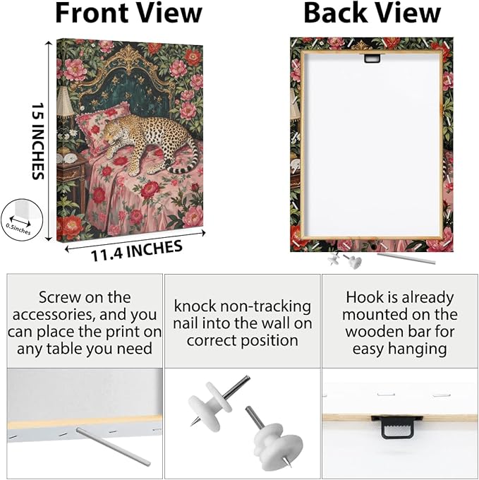 Leopard in Bed Wall Art, Mid Century Vantage Animal Portrait Oil Painting Canvas Framed Prints Modern Decorations, Maximalist Leopard Poster for Bedroom Living Room Entryway Aesthetic