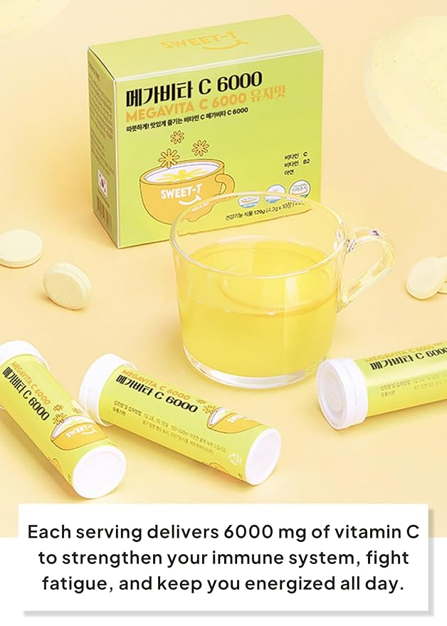 Korean Food Everteen MegaVita C3000 Effervescent Drink – Citrus-Flavored Fizzy Beverage Mix, 3,000mg Vitamin C per Tab, 2 Tabs Daily = 6,000mg, 10 Tabs × 3 Packs